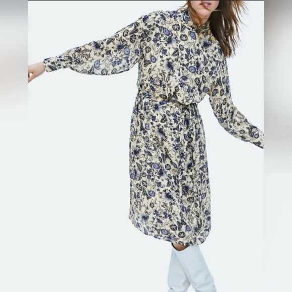 Zara Bohemian Floral Mockneck Belted Side Slits Midi Dress - Picture 3 of 12